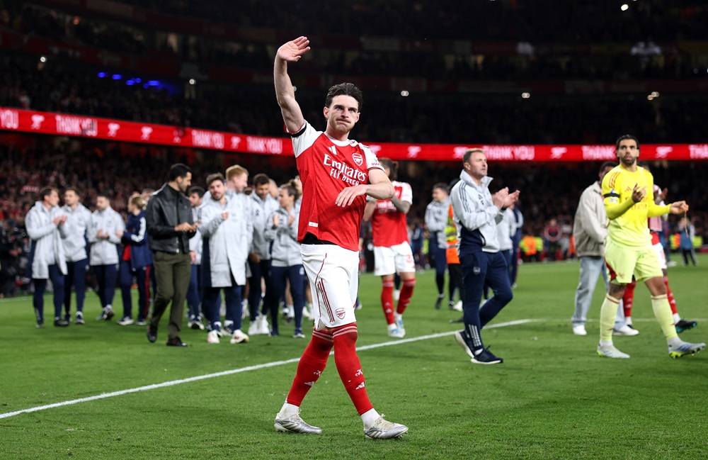 Declan Rice repeats comment he made after Manchester City defeat 1 Declan Rice of Arsenal waves to the fans after the team's victory in the Premier League match between Arsenal and Burnley at Emirates Stadium on Ma...