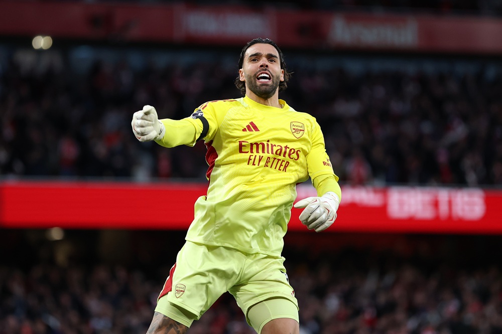 David Raya of Arsenal celebrates the first arsenal goal during the Premier League match between Arsenal and Burnley at Emirates Stadium on May 18, 2026 in London, England. (Photo by Justin Setterfield/Getty Images)