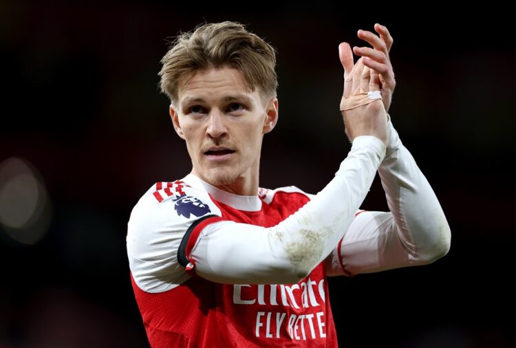 Martin Odegaard of Arsenal applauds the fans after the team's victory in the Premier League match between Arsenal and Burnley at Emirates Stadium o...