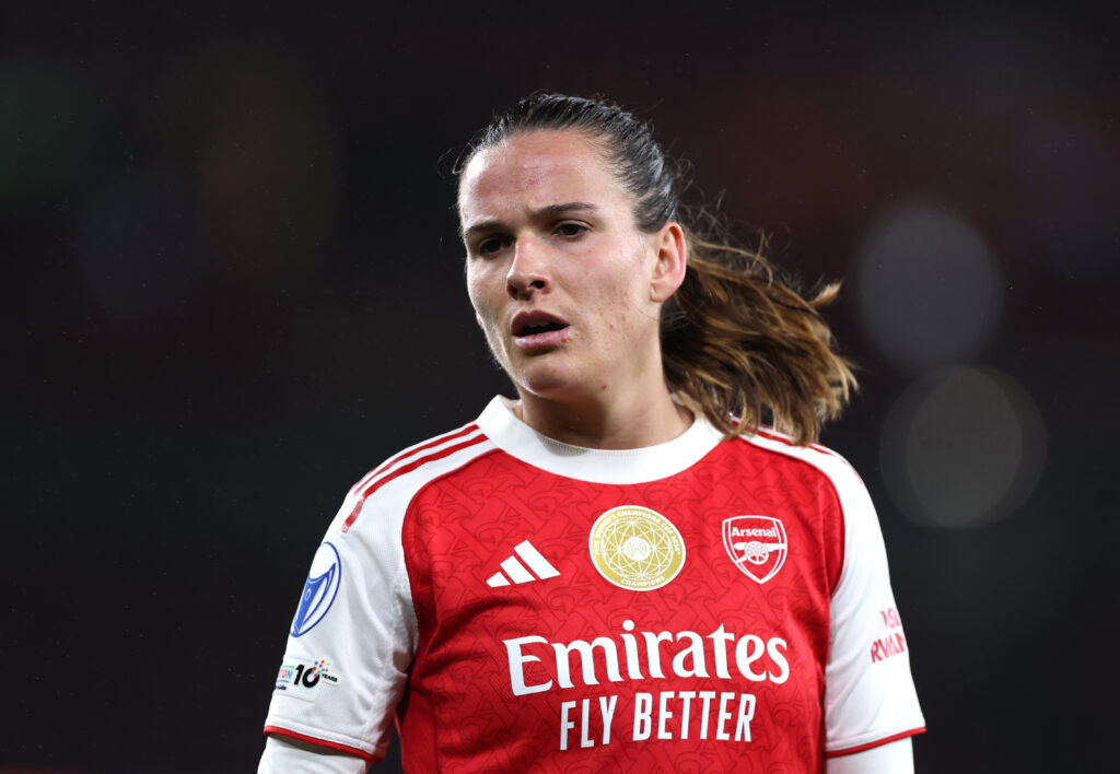 Laia Codina of Arsenal during the UEFA Women's Champions League 2025/26 Quarter-finals First Leg match between Arsenal and Chelsea at Arsenal Stadium on March 24, 2026 in London, England.