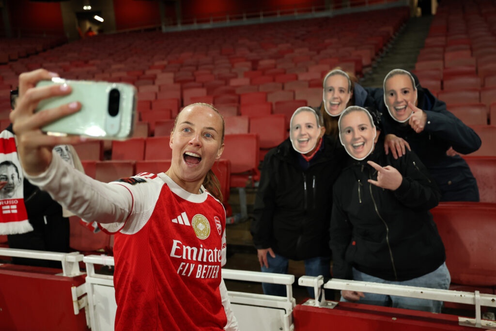 Beth Mead of Arsenal takes a self with fans wearing masks of Beth Mead after the Barclays Women's Super League match between Arsenal and Everton at Emirates Stadium on May 13, 2026 in London,