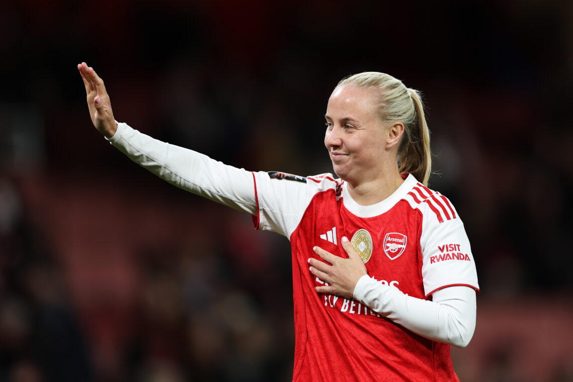 Beth Mead of Arsenal waves to the fans after the team's victory in the Barclays Women's Super League match between Arsenal and Everton at Emirates ...