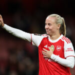 Beth Mead of Arsenal waves to the fans after the team's victory in the Barclays Women's Super League match between Arsenal and Everton at Emirates Stadium on May 13