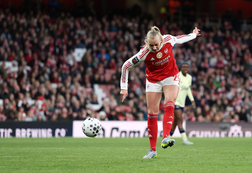 Stina Blackstenius of Arsenal scores her team's first goal during the Barclays Women's Super League match between Arsenal and Everton at Emirates Stadium on May 13, 2026 in London, England.