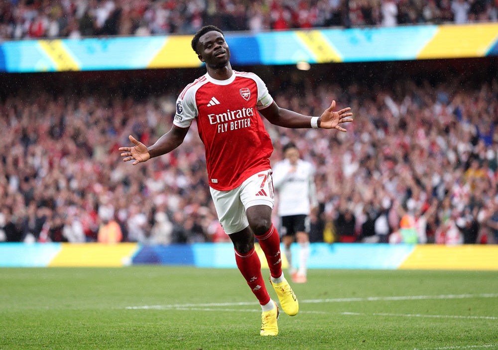 Bukayo Saka of Arsenal celebrates scoring his team's second goal during the Premier League match between Arsenal and Fulham at Emirates Stadium on May 02, 2026 in London, England. (Photo by Justin Setterfield/Getty Images)