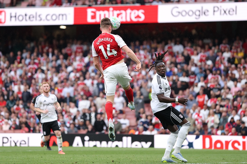 Viktor Gyoekeres of Arsenal scores his team's third goal during the Premier League match between Arsenal and Fulham at Emirates Stadium on May 02, 2026 in London, England. (Photo by Justin Setterfield/Getty Images)