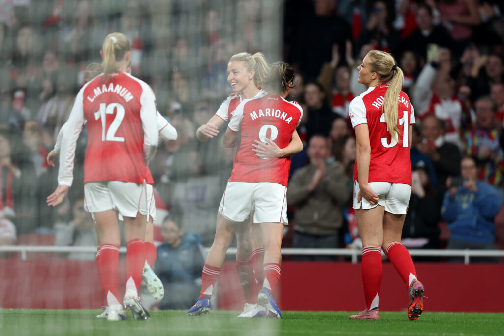 Leah Williamson of Arsenal celebrates scoring her team's seventh goal with teammates during the Barclays Women's Super League match between Arsenal and Leicester City at Emirates Stadium on April 29, 2026 in London, England.