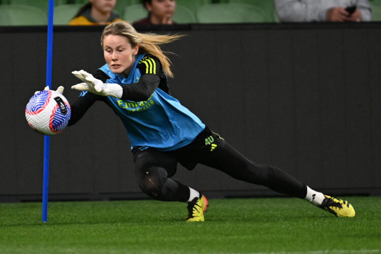 Naomi Williams of Arsenal in action during a Arsenal Women Press Conference & Training Session at AAMI Park on May 23, 2024 in Melbourne, Austr...