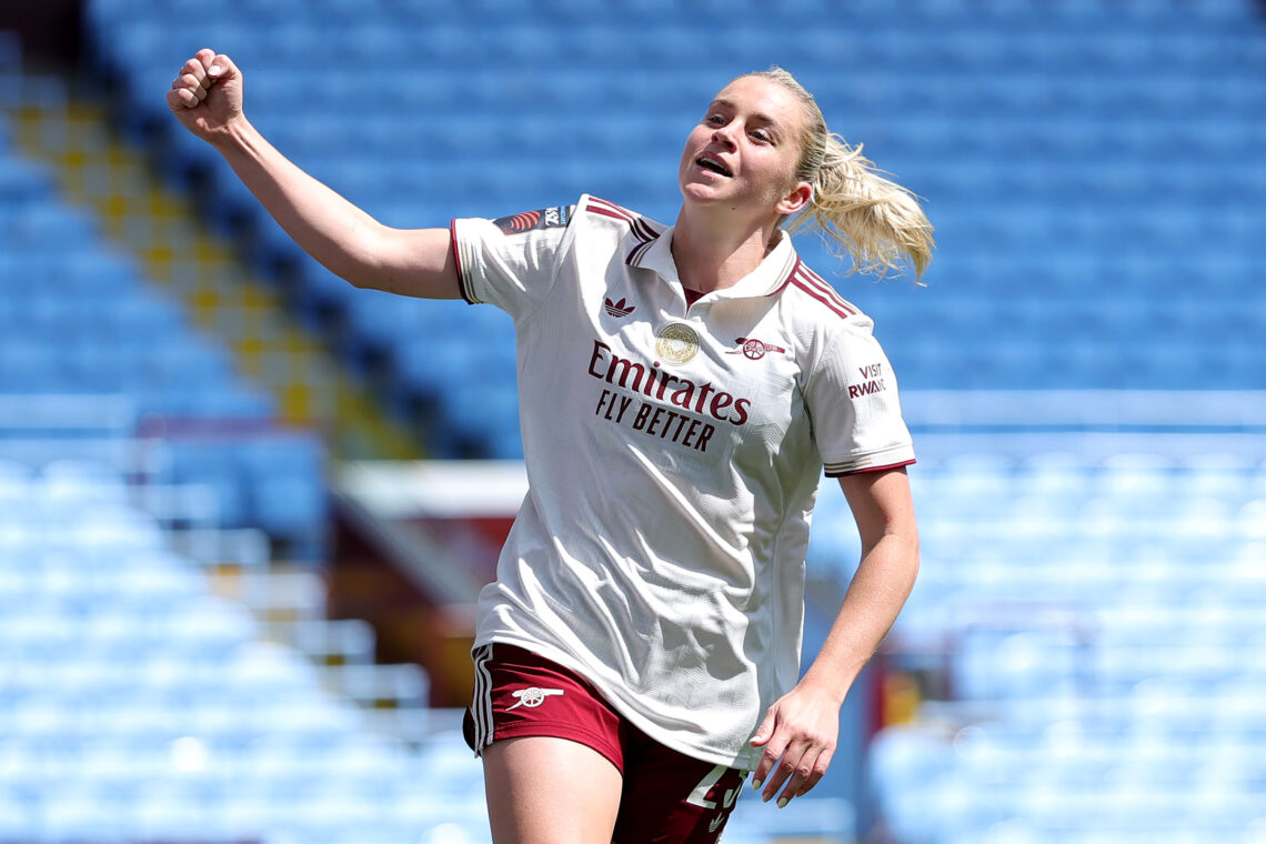 Alessia Russo of Arsenal celebrates scoring her team's third goal during the Barclays Women's Super League match between Aston Villa and Arsenal at...