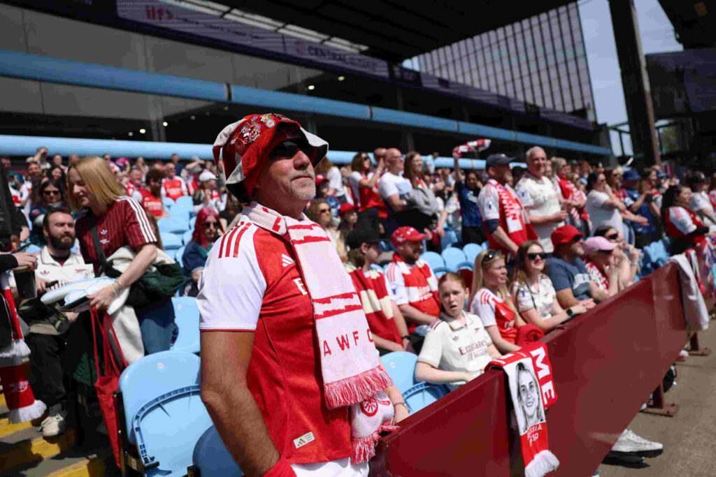 Fans of Arsenal enjoy the atmosphere inside the stadium prior to the Barclays Women's Super League match between Aston Villa and Arsenal at Villa Park on May 09, 2026 in Birmingham, England.