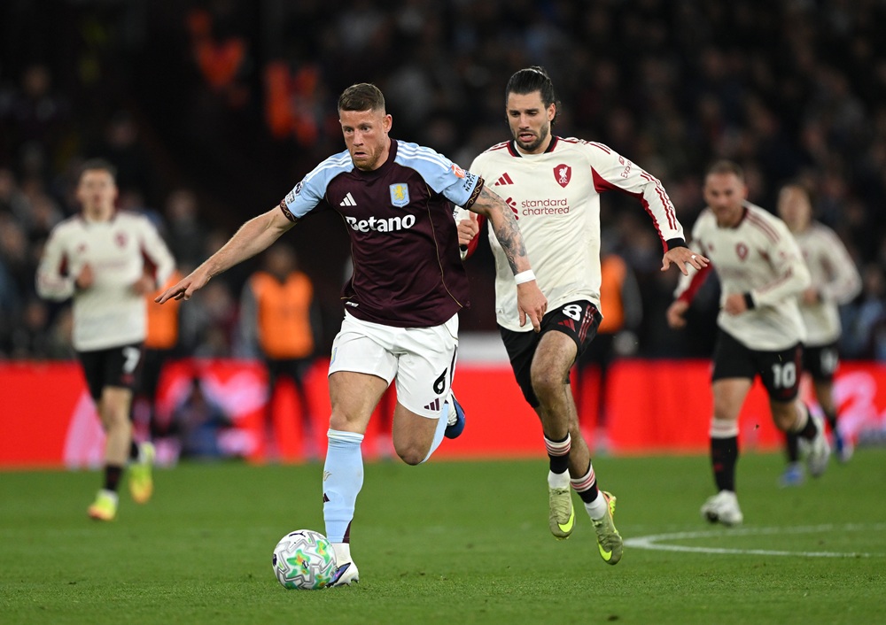 Ross Barkley of Aston Villa runs with the ball during the Premier League match between Aston Villa and Liverpool at Villa Park on May 15, 2026 in Birmingham, England. (Photo by Shaun Botterill/Getty Images)