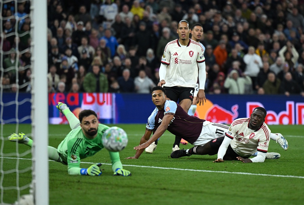 Ollie Watkins of Aston Villa scores his team's second goal during the Premier League match between Aston Villa and Liverpool at Villa Park on May 1...