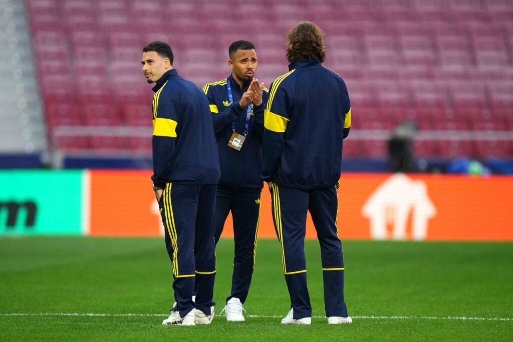 Gabriel Jesus of Arsenal inspects the pitch prior to the UEFA Champions League 2025/26 Semi Final First Leg match between Atletico de Madrid and Arsenal FC at Metropolitano Stadium on April 29, 2026 in Madrid, Spain.