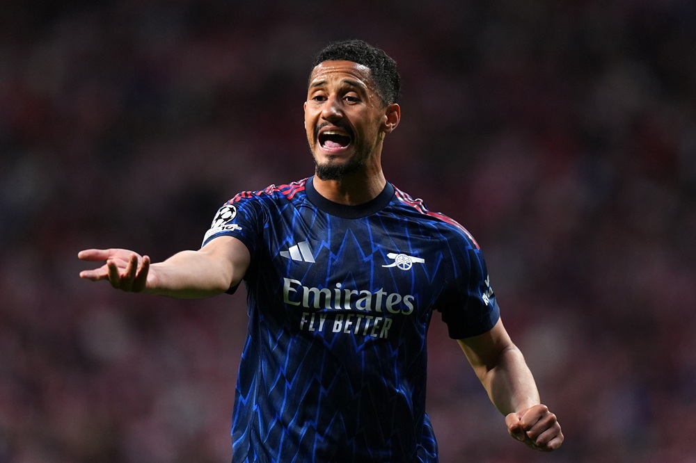 William Saliba of Arsenal reacts during the UEFA Champions League 2025/26 Semi Final First Leg match between Atletico de Madrid and Arsenal FC at Metropolitano Stadium on April 29, 2026 in Madrid, Spain. (Photo by Angel Martinez/Getty Images)