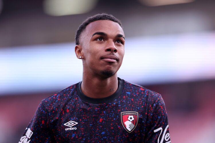 Eli Junior Kroupi of AFC Bournemouth warms up prior to the Premier League match between Bournemouth and Leeds United at Vitality Stadium on April 2...