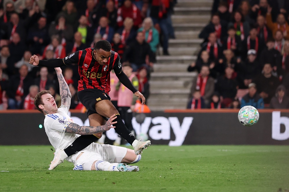 Eli Junior Kroupi of AFC Bournemouth scores his team's first goal during the Premier League match between Bournemouth and Leeds United at Vitality Stadium on April 22, 2026 in Bournemouth, England. (Photo by Ryan Pierse/Getty Images)