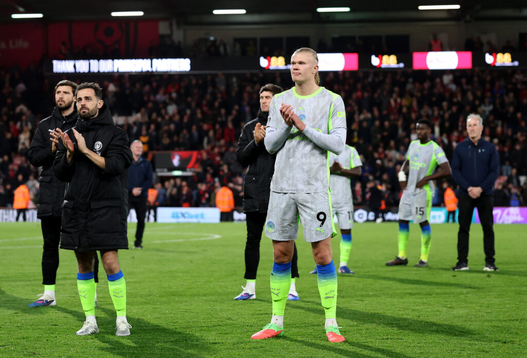 Erling Haaland and Bernardo Silva of Manchester City acknowledges the fans following the team's 1-1 draw in the Premier League match between Bournemouth and Manchester City at Vitality Stadium on May 19, 2026 in Bournemouth, England.