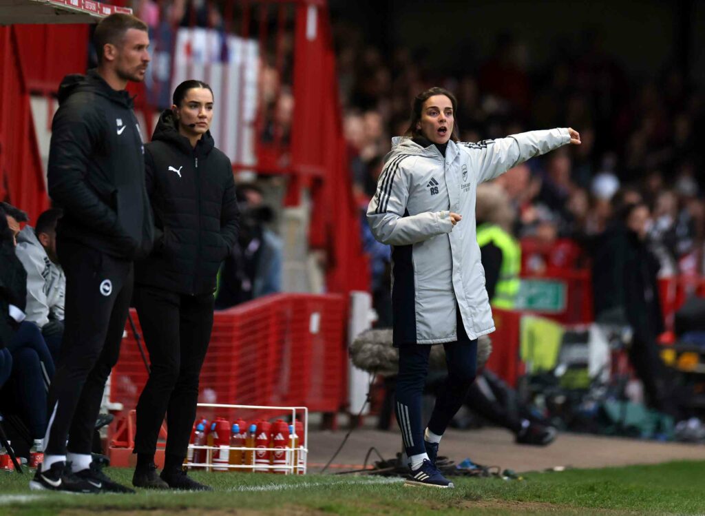 Brighton & Hove Manager Renee Slegers instructs her players during the Barclays Women's Super League match between Brighton & Hove Albion and Arsenal at Broadfield Stadium on May 06, 2026