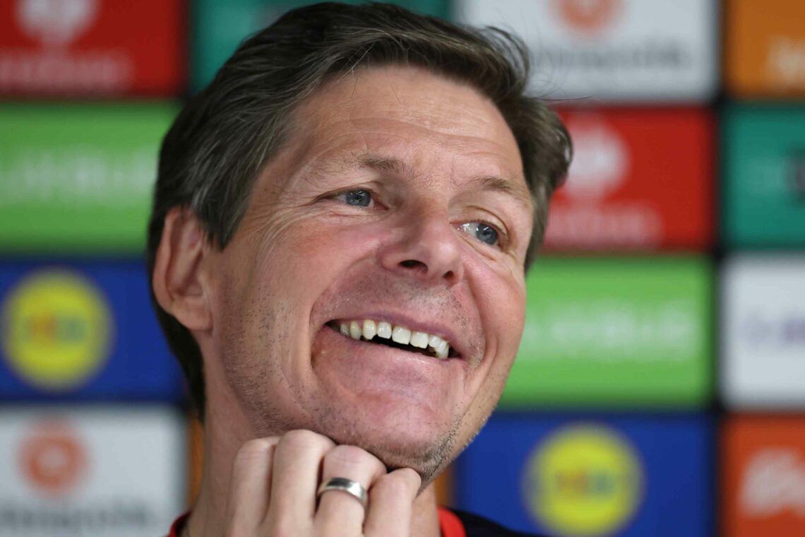 Oliver Glasner, Manager of Crystal Palace speaks to the media during a press conference after a Crystal Place training session at Crystal Palace FC...