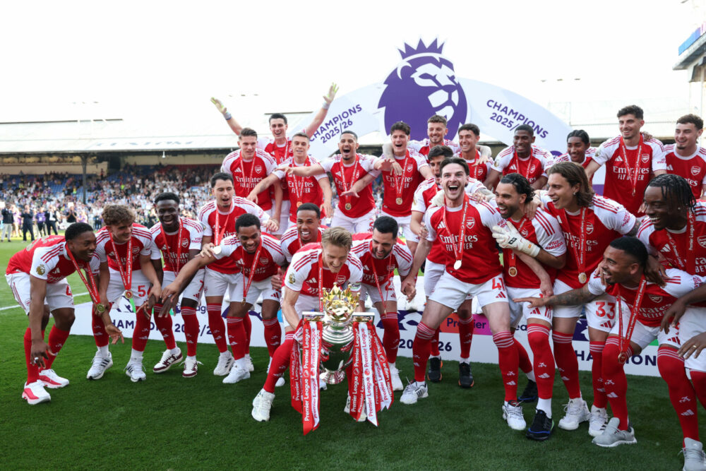 Best photos as Arsenal lift Premier League trophy 3 LONDON, ENGLAND - MAY 24: Martin Odegaard of Arsenal lifts the Premier League trophy as players of Arsenal celebrate, as they are crowned the Champions of the Premier League for the 2025/26 Season, after the Premier League match between Crystal Palace and Arsenal at Selhurst Park on May 24, 2026 in London, England. (Photo by Michael Regan/Getty Images For Premier League)