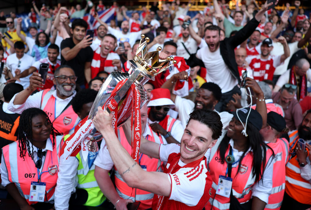 Arsenal win big at BBC Football Awards including Player of the Season 2 LONDON, ENGLAND - MAY 24: Declan Rice of Arsenal celebrates with the Premier League trophy as players of Arsenal celebrate, as they are crowned the Champions of the Premier League for the 2025/26 Season, after the Premier League match between Crystal Palace and Arsenal at Selhurst Park on May 24, 2026 in London, England. (Photo by Justin Setterfield/Getty Images)