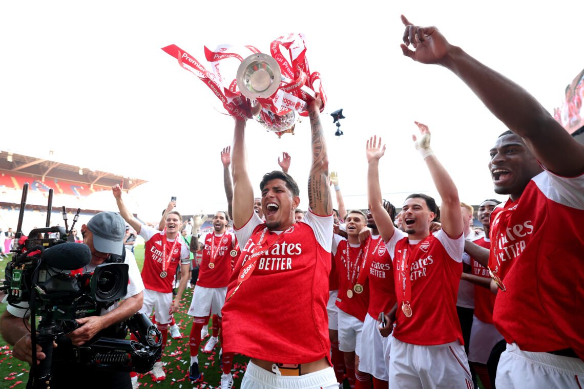 Barcelona weigh up transfer move for Arsenal player 1 LONDON, ENGLAND - MAY 24: Piero Hincapie of Arsenal celebrates with the Premier League trophy with teammates Viktor Gyoekeres, David Raya, Leandro ...
