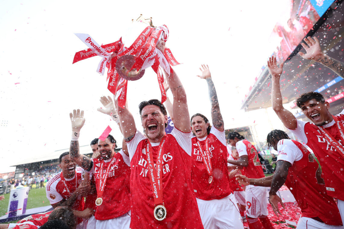 Arsenal win big at BBC Football Awards including Player of the Season 1 LONDON, ENGLAND - MAY 24: Declan Rice of Arsenal lifts the Premier League Trophy amongst teammates following their victory in the Premier League ma...