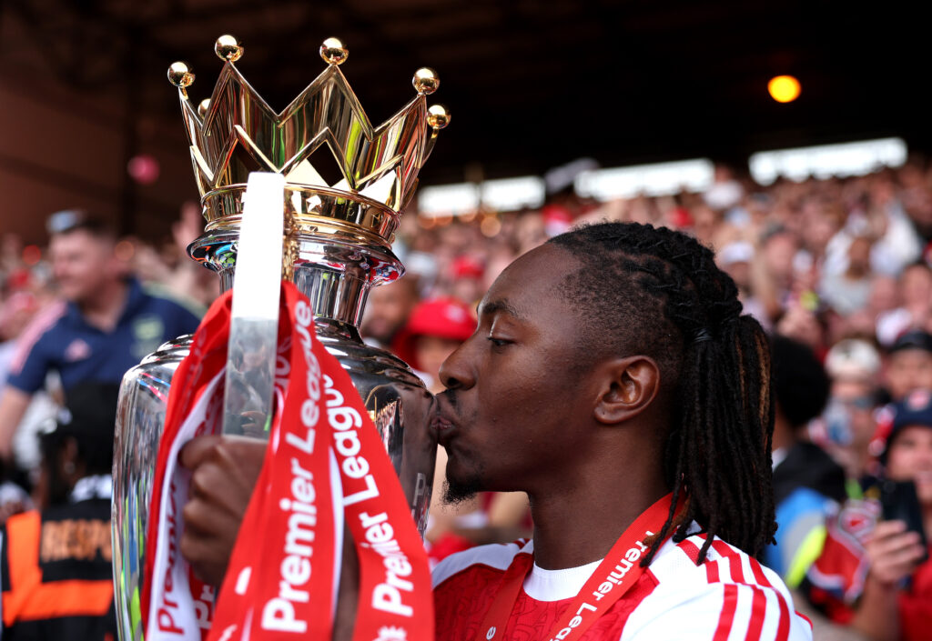 LONDON, ENGLAND - MAY 24: Eberechi Eze of Arsenal kisses the Premier League trophy, as Arsenal are crowned the Champions of the Premier League for the 2025/26 Season, after the Premier League match between Crystal Palace and Arsenal at Selhurst Park on May 24, 2026 in London, England. (Photo by Michael Regan/Getty Images For Premier League)