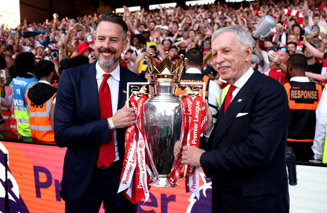 LONDON, ENGLAND - MAY 24: Josh Kroenke, Co-Chair of Arsenal, and Stan Kroenke, Owner of Kroenke Sports & Entertainment, pose for a photograph t...