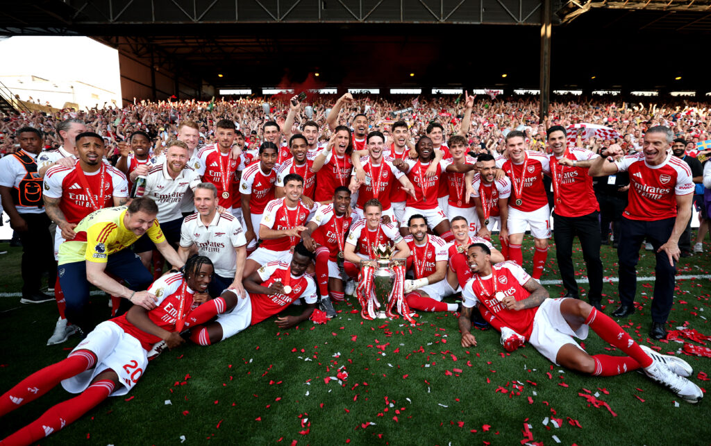 Arsenal's pre-Champions League final plan as players return to training 2 LONDON, ENGLAND - MAY 24: Players of Arsenal celebrate with the Premier League trophy, as Arsenal are crowned the Champions of the Premier League for the 2025/26 Season, after the Premier League match between Crystal Palace and Arsenal at Selhurst Park on May 24, 2026 in London, England. (Photo by Michael Regan/Getty Images For Premier League)