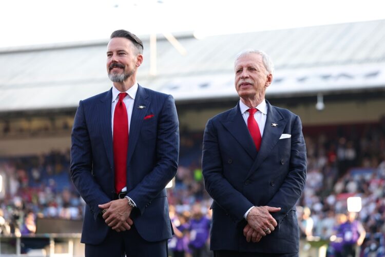Arsenal co-chairmen Josh Kroenke and Stan Kroenke look on during the Premier League match between Crystal Palace and Arsenal at Selhurst Park on Ma...