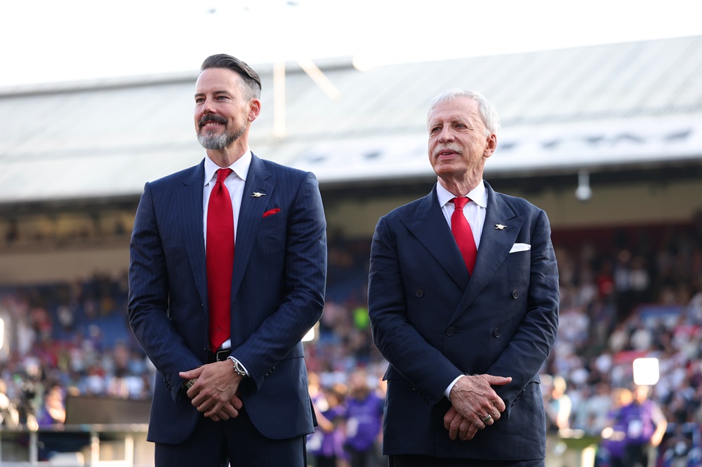 Arsenal co-chairmen Josh Kroenke and Stan Kroenke look on during the Premier League match between Crystal Palace and Arsenal at Selhurst Park on May 24, 2026 in London, England. (Photo by Michael Regan/Getty Images For Premier League)