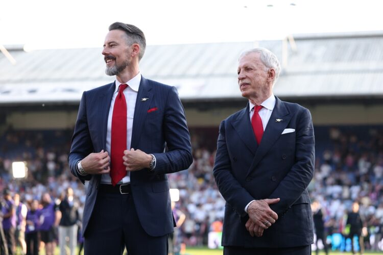 Arsenal co-chairmen Josh Kroenke and Stan Kroenke look on during the Premier League match between Crystal Palace and Arsenal at Selhurst Park on Ma...