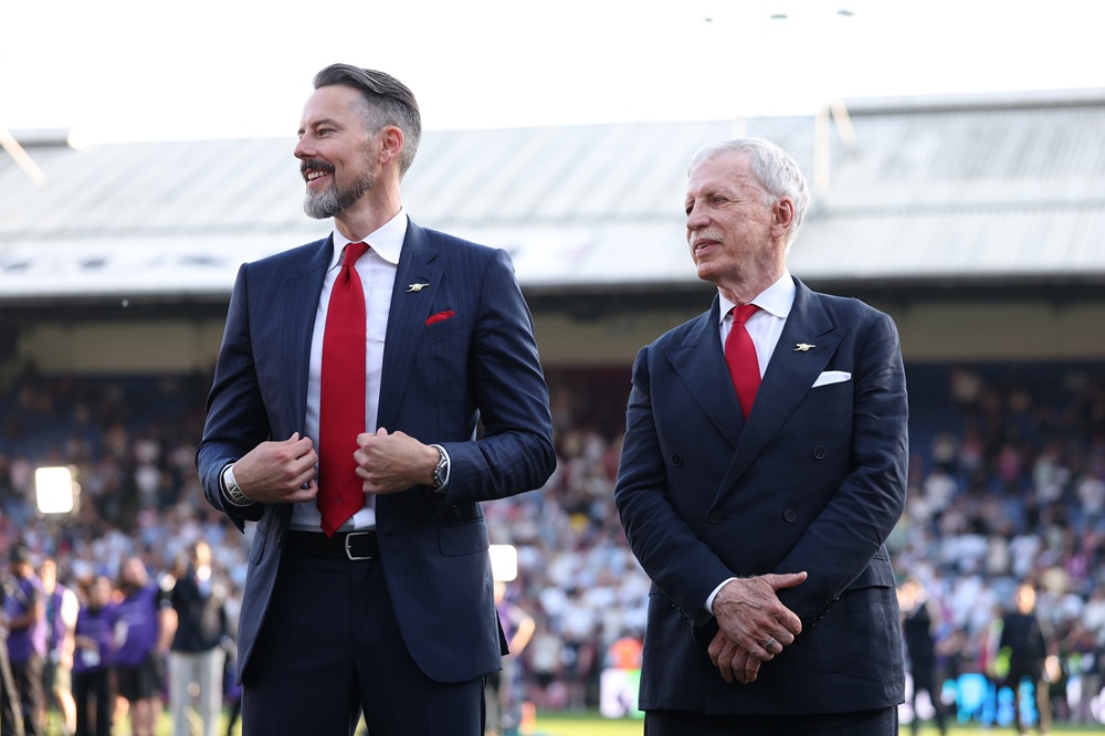 Arsenal co-chairmen Josh Kroenke and Stan Kroenke look on during the Premier League match between Crystal Palace and Arsenal at Selhurst Park on Ma...