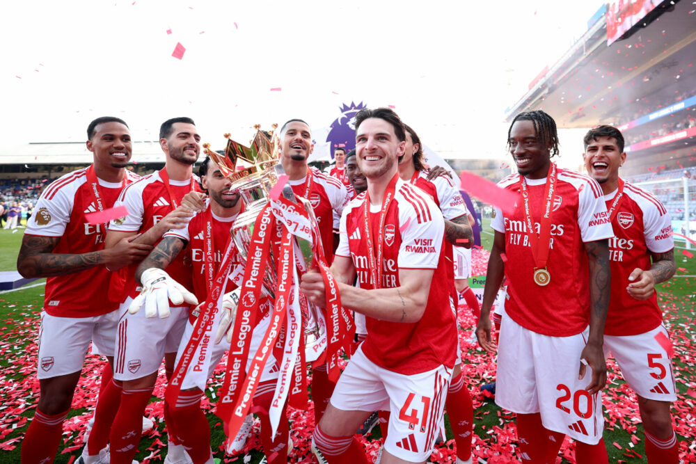 Best photos as Arsenal lift Premier League trophy 5 LONDON, ENGLAND - MAY 24: Declan Rice of Arsenal lifts the Premier League Trophy, as Arsenal are crowned the Champions of the Premier League for the 2025/26 Season following their victory in the Premier League match between Crystal Palace and Arsenal at Selhurst Park on May 24, 2026 in London, England. (Photo by Michael Regan/Getty Images For Premier League)