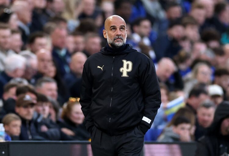 Pep Guardiola, Manager of Manchester City, looks on during the Premier League match between Everton and Manchester City at Hill Dickinson Stadium o...