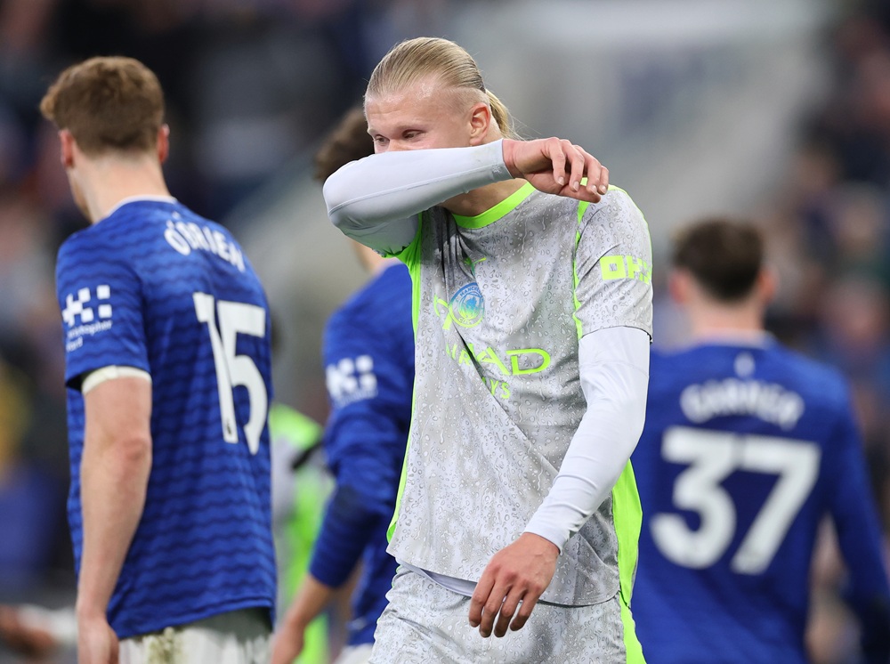 Manchester City player Erling Haaland reacts during the Premier League match between Everton and Manchester City at Hill Dickinson Stadium on May 04, 2026 in Liverpool, England. (Photo by Stu Forster/Getty Images)