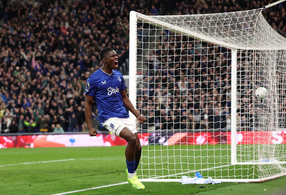Everton player Thierno Barry celebrates after scoring the first Everton goal during the Premier League match between Everton and Manchester City at...