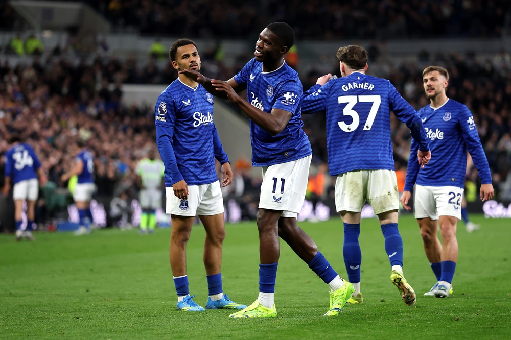 Thierno Barry of Everton celebrates scoring his team's first goal during the Premier League match between Everton and Manchester City at Hill Dickinson Stadium on May 04, 2026 in Liverpool, England. (Photo by Stu Forster/Getty Images)