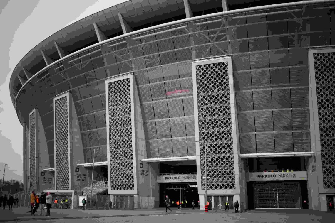 General view outside the stadium prior to the UEFA Nations League 2024/25 League A/B Play-offs Second Leg match between Hungary and Türkiye at Pusk...