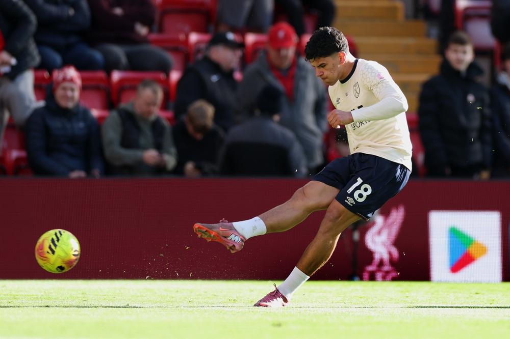 Mateus Fernandes of West Ham United warms up prior to the Premier League match between Liverpool and West Ham United at Anfield on February 28, 2026 in Liverpool, England. (Photo by Dan Mullan/Getty Images)