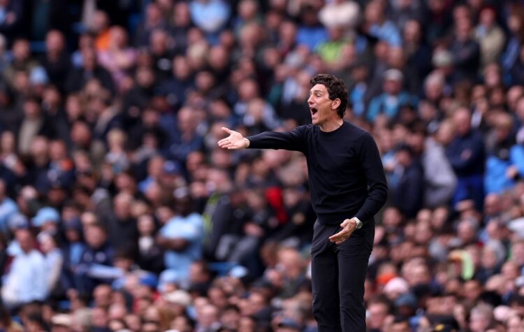 Keith Andrews, Manager of Brentford, gestures during the Premier League match between Manchester City and Brentford at Etihad Stadium on May 09, 20...
