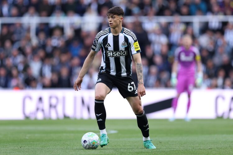 Lewis Miley of Newcastle United during the Premier League match between Newcastle United and Bournemouth at St James' Park on April 18, 2026 in New...