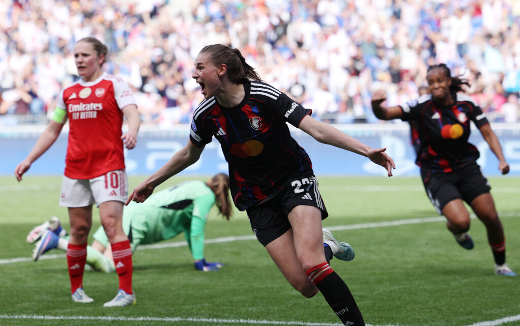Jule Brand of OL Lyonnes celebrates scoring her team's third goal during the UEFA Women's Champions League 2025/26 Semi-Final Second Leg match between OL Lyonnes and Arsenal FC at OL Stadium on May 02, 2026 in Decines-Charpieu, France.