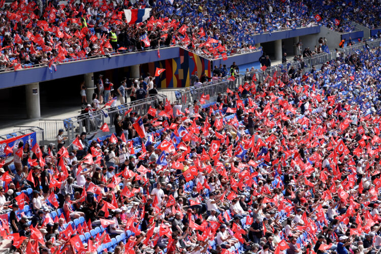 OL Lyonnes fans show support prior to the UEFA Women's Champions League 2025/26 Semi-Final Second Leg match between OL Lyonnes and Arsenal FC at OL...