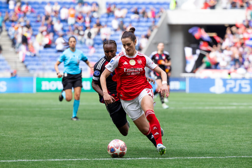 Fox Emily of Arsenal FC keeps the ball during the UEFA Women's Champions League 2025/26 Semi-Final Second Leg match between OL Lyonnes and Arsenal FC at OL Stadium on May 2, 2026