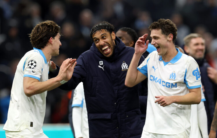 Pierre-Emerick Aubameyang of Olympique de Marseille reacts with teammates after the team's victory during the UEFA Champions League 2025/26 League ...
