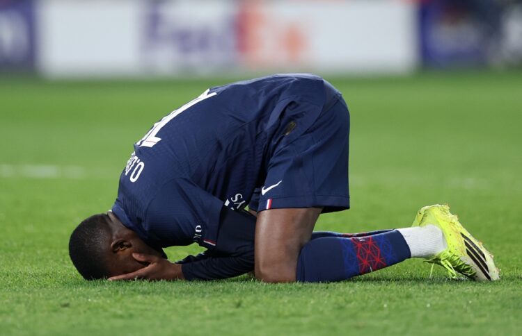 Ousmane Dembele of Paris Saint-Germain reacts during the UEFA Champions League 2025/26 Quarter-Final First Leg match between Paris Saint-Germain FC...
