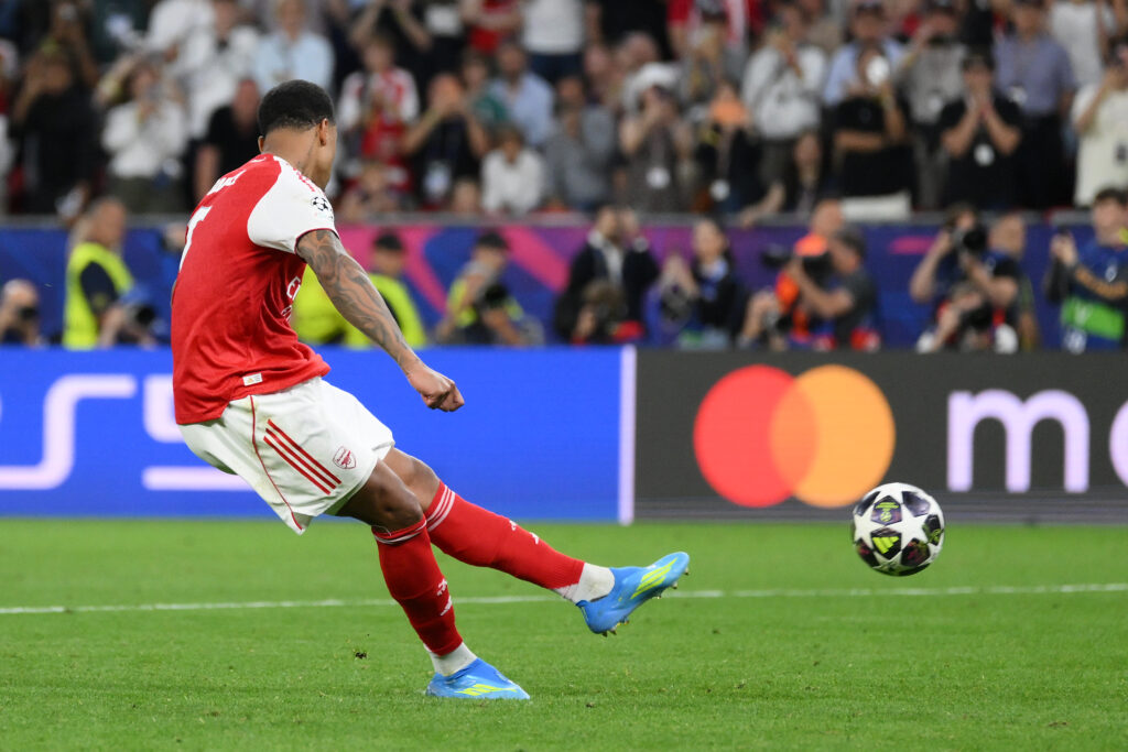 Gabriel of Arsenal misses the team's fifth penalty in the penalty shoot out, which results in victory for Paris Saint-Germain, during the UEFA Champions League Final 2026 match between Paris Saint-Germain and Arsenal FC at Puskas Arena on May 30, 2026 in Budapest, Hungary