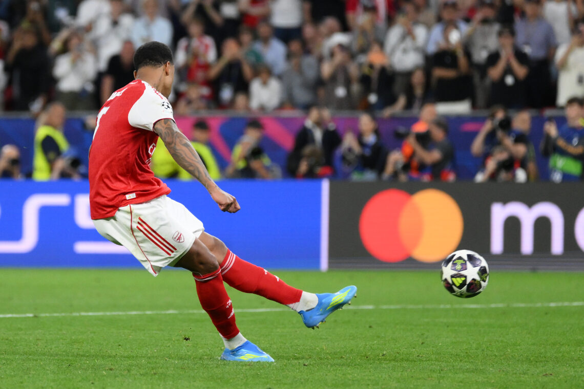 Arsenal fans buy Gabriel shirts after final miss 1 Gabriel of Arsenal misses the team's fifth penalty in the penalty shoot out, which results in victory for Paris Saint-Germain, during the UEFA Cham...